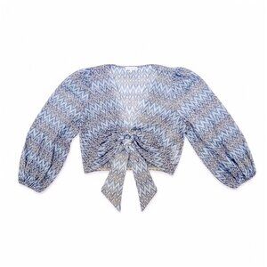 Moon River Chevron Tie Front Sheer Blouse L Metallic Zigzag Puff Sleeve Top